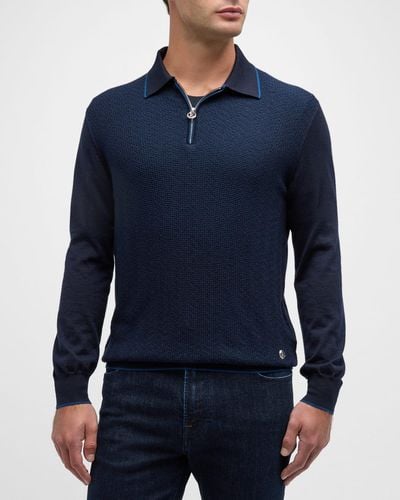 Stefano Ricci Cashmere-Silk Quarter-Zip Polo Sweater - Blue