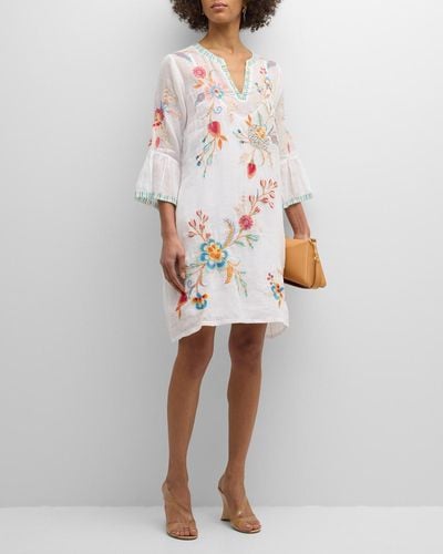 Johnny Was Joele Floral-Embroidered Midi Shift Dress - White