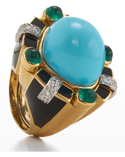 David Webb Turquoise, Emerald And Diamond Ring, Size 6.5 - Blue