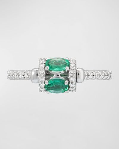 Miseno Procida 18k White Gold Ring With White Diamonds And Rotating Emeralds - Blue