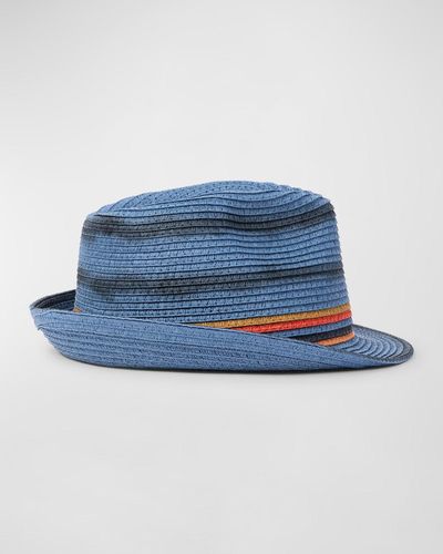 Paul Smith Trilby Bright Stripe Straw Fedora Hat - Blue