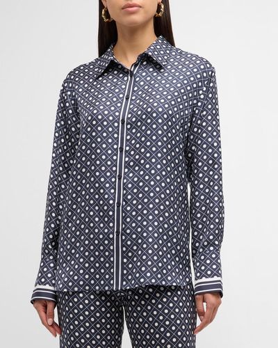 La Ligne Lee Multi-Pattern Button-Front Silk Shirt - Blue