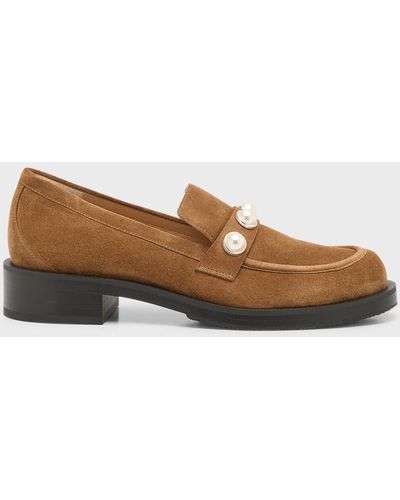 Stuart Weitzman Portia Suede Pearly Slip-On Loafers - Brown