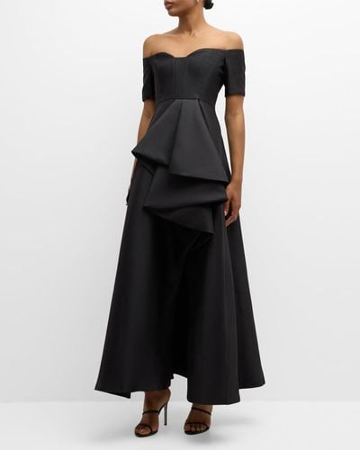 Black Halo Serafina Off-Shoulder Ruffle Jacquard Gown - Black