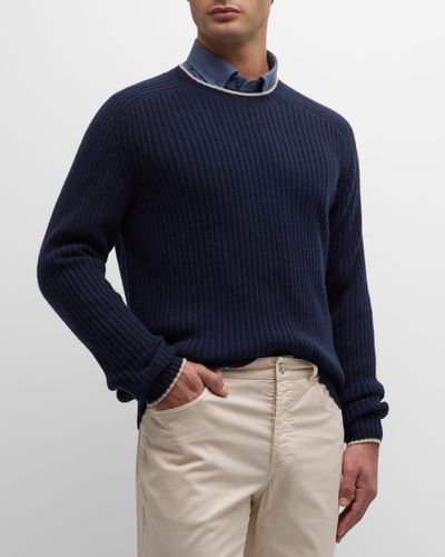 Neiman Marcus Wool-Cashmere Ribbed Crewneck Sweater With Tipping - Blue