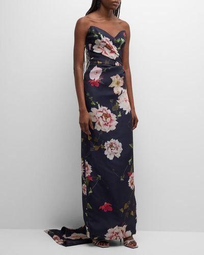 Monique Lhuillier Strapless Floral Gazar Gown With Train - Multicolor