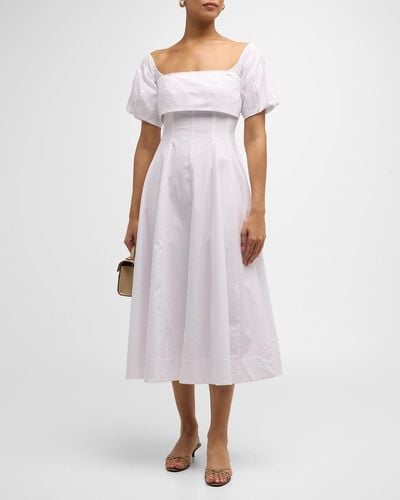 STAUD Palermo Puff-Sleeve Stretch Poplin Dress - White