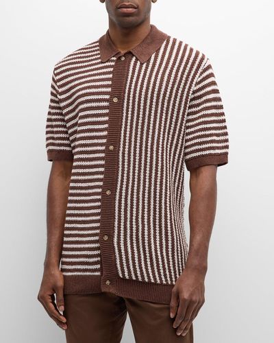 Onia Linen Knit Mixed Stripe Short-Sleeve Shirt - Brown