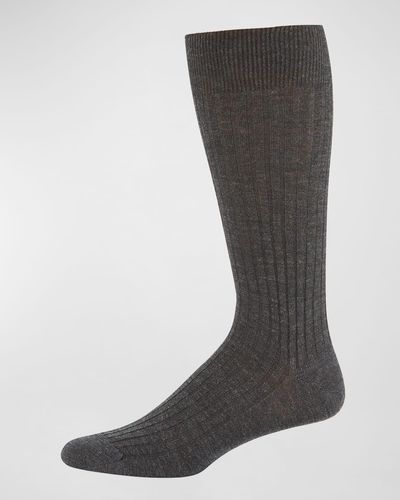 Neiman Marcus Ribbed Merino-silk Mid-calf Socks - Black