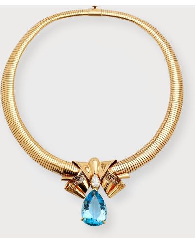 NM Estate Estate 18k Yellow Gold Aquamarine Pear And Diamond Bow Necklace - Metallic