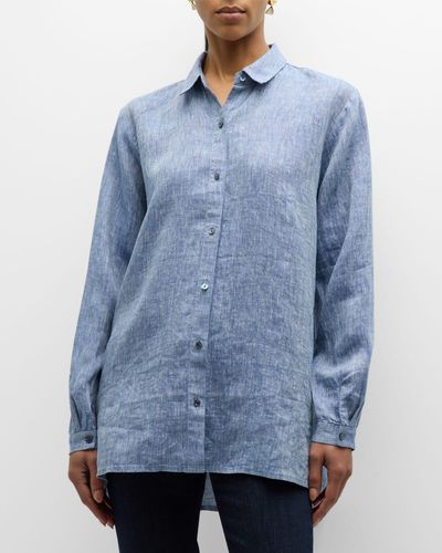 Eileen Fisher Petite Button-Down Organic Linen Shirt - Blue