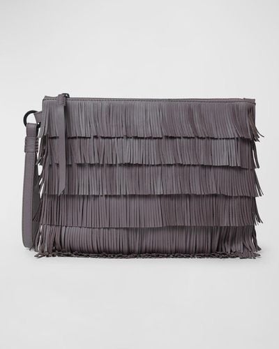 Callista Fringe Pouchette Leather Clutch Bag - Gray
