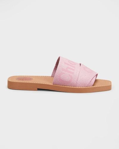 Chloé Woody Flat Logo Ribbon Slide Sandals - Pink