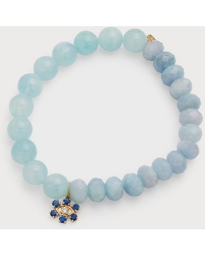 Sydney Evan Aqua Beaded Bracelet With Sapphire & Diamond Flower Charm - Blue