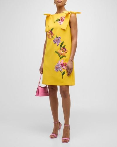 Carolina Herrera Floral Embroidered Shift Dress With Bows - Yellow