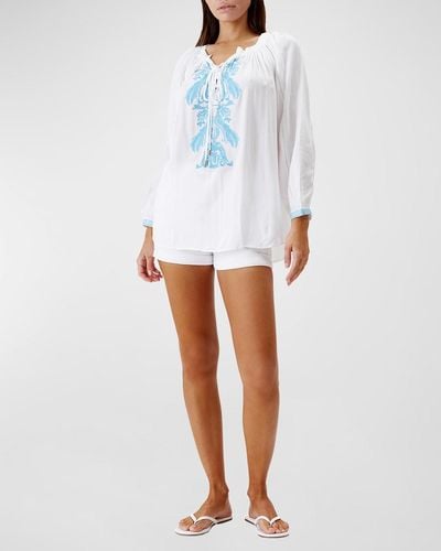 Melissa Odabash Kitty Embroidered Long-Sleeve Shirt - White