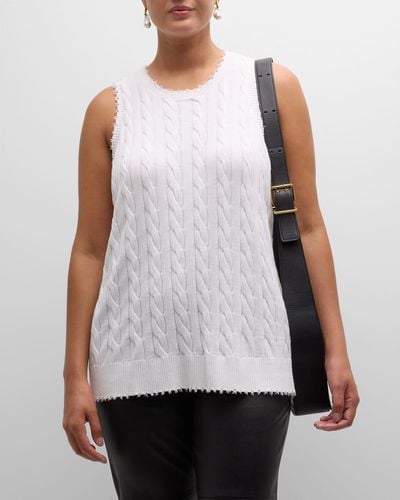 Minnie Rose Plus Size Frayed Cable-Knit Tank - White