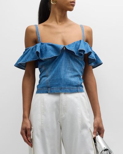 Moschino Jeans Ruffle Chambray Off-the-shoulder Top - Blue