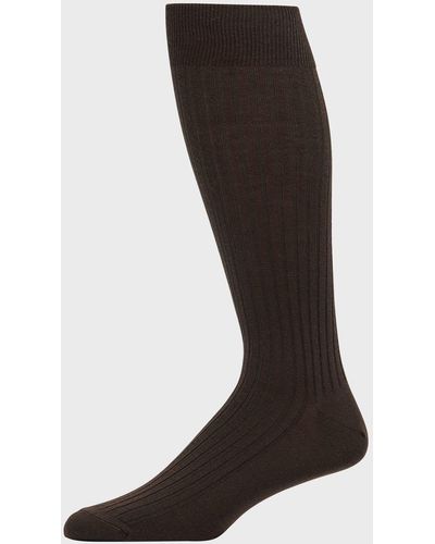 Neiman Marcus Ribbed Wool Over-Calf Socks - Black