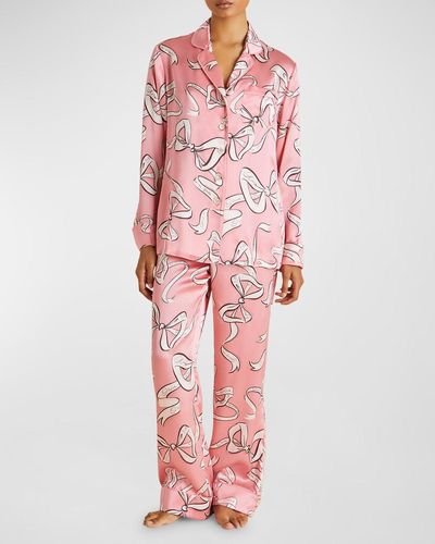 Olivia Von Halle Bow-Print Silk Pajama Set - Pink
