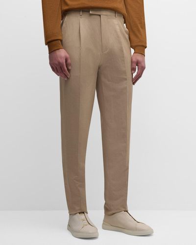 Zegna Wool And Linen Single Pleat Pants - Natural