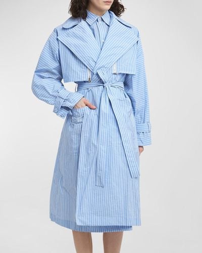 Plan C Striped Belted Long Trench Coat - Blue