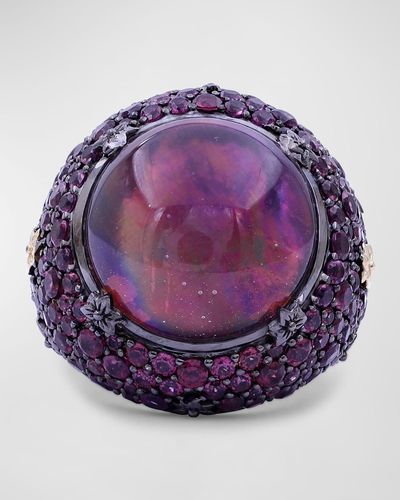 Stephen Dweck Garnet And Quartz Ring In Blackened Sterling Silver With 18k Gold Flowers, Size 7 - Purple