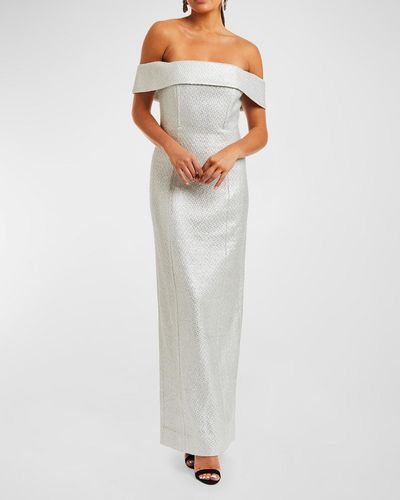 mestiza Mona Off-Shoulder Metallic Column Gown - White
