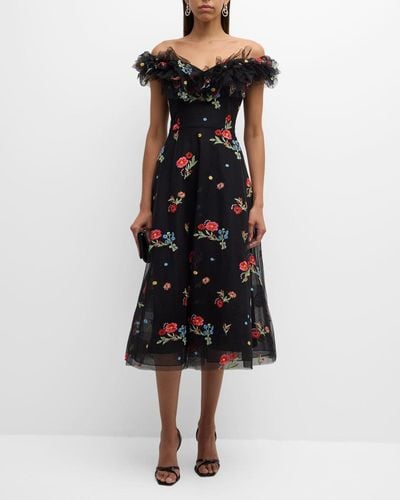 Teri Jon Floral-Embroidered Off-Shoulder Midi Dress - Black