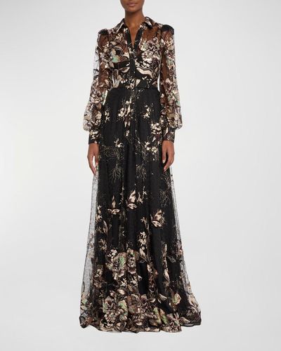 Badgley Mischka Belted Embroidered Sequin Lace Shirt Gown - Black