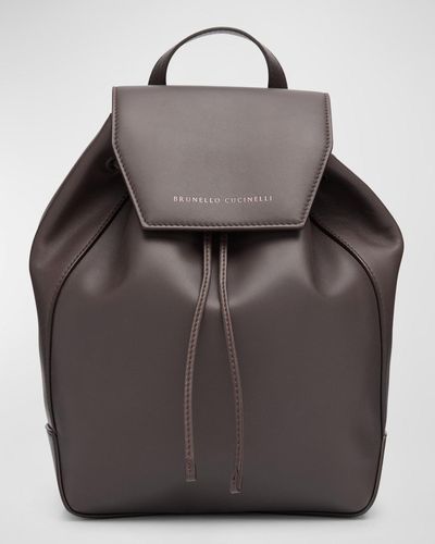 Brunello Cucinelli Flap Calfskin Leather Backpack - Gray