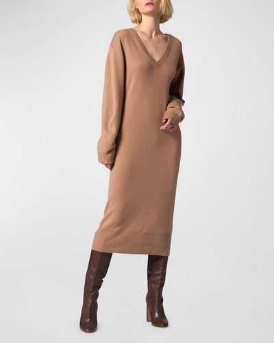 Equipment Jeannie Cashmere V-Neck Midi Sweater Dress - Natural