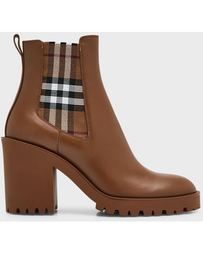 Burberry Allostock Leather Check Heeled Chelsea Booties - Brown