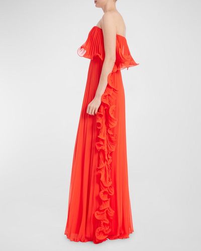 Badgley Mischka Strapless Pleated Ruffle Gown - Red