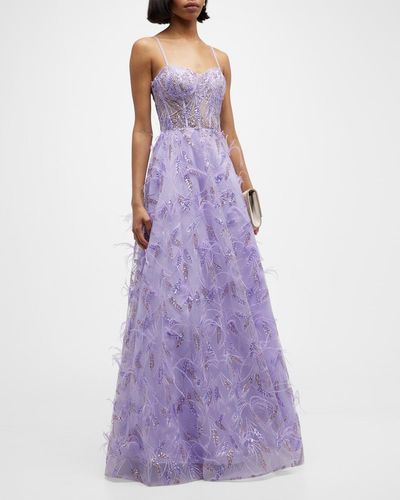 Jovani Sleeveless Sequin Feather Corset Gown - Purple