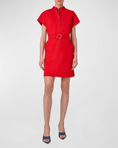 Akris Punto Belted Short-Sleeve Cotton Stretch Denim Mini Dress - Red