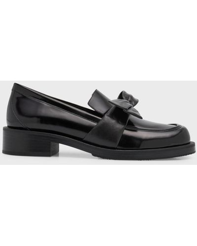 Stuart Weitzman Sofia Bold Leather Bow Loafers - Black