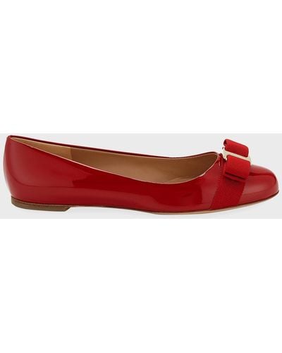 Ferragamo Varina Patent Leather Bow Ballerina Flats - Red