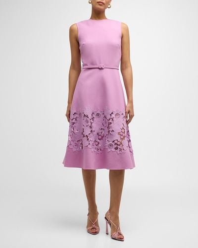 Oscar de la Renta Mixed Botanical Guipure Inset Sleeveless Belted Dress - Pink