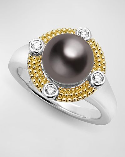 Lagos Sterling Silver And 18k Luna Black Pearl Lux With Diamonds Ring, Size 7 - Metallic
