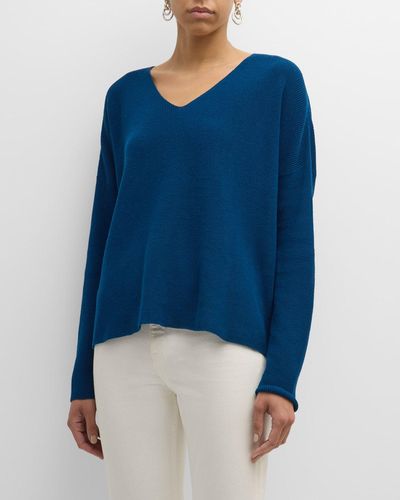 Eileen Fisher V-Neck Organic Cotton Crepe Pullover - Blue