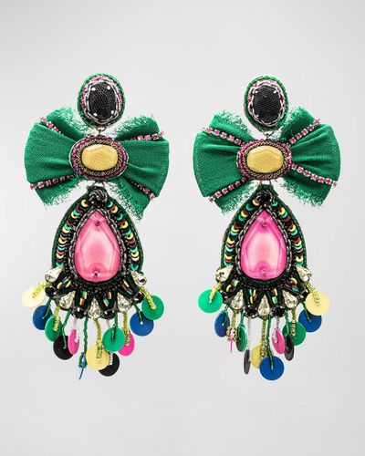 Ranjana Khan Multicolor Silk Bow And Crystal Earrings With Sequins - Green