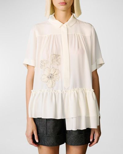 Dice Kayek Flower Embellished Ruffle Short-Sleeve Collared Shirt - Natural