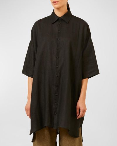 Eskandar Sloped-Shoulder Wide A-Line Short-Sleeve Shirt With Collar (Very Long) - Black