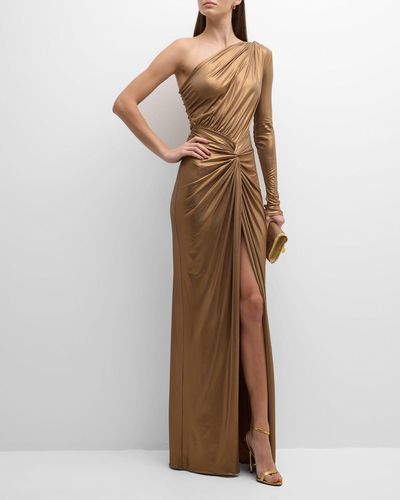LAPOINTE Twisted Slit-Hem Coated Jersey One-Shoulder Maxi Dress - Brown