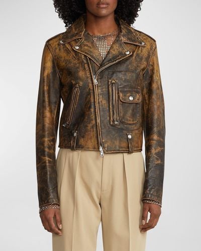 Ralph Lauren Collection Dwight Washed Leather Moto Jacket - Brown