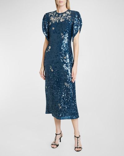 Erdem Crystal Embroidered Short-Sleeve Sequin Midi Dress - Blue
