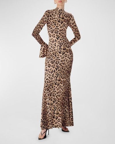 Ronny Kobo Maeve Leopard-Print Mock-Neck Maxi Dress - Brown