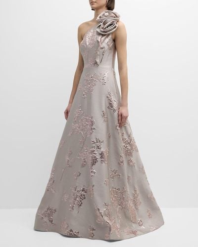 Teri Jon One-Shoulder Metallic Floral Jacquard Gown - Pink