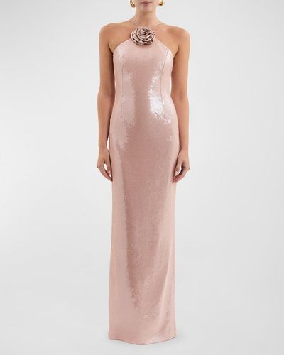 Rebecca Vallance Paige Flower-Embellished Sequin Column Gown - Pink